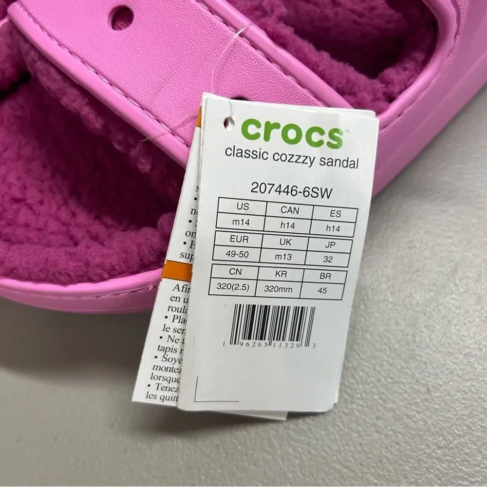 Crocs Classic Cozzzy Slipper Sandal Pink Faux Fur Lining Men’s Size 14 NWT